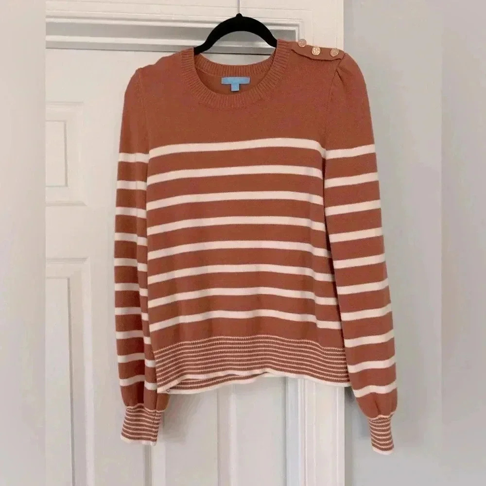 Woman’s Draper James Brown & White Stripped Balloon Sleeve Crew Neck Sweater XL